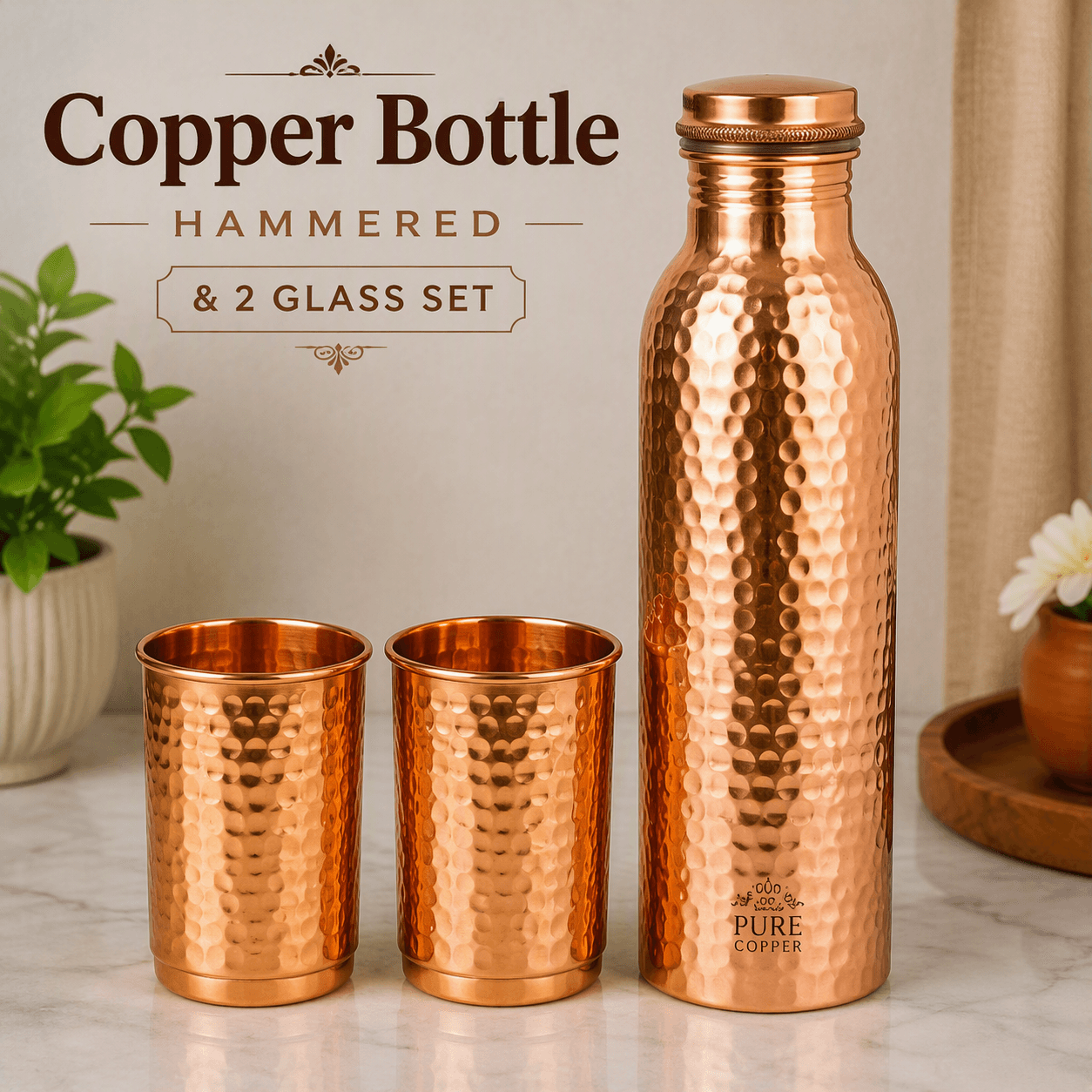 Copper Bottle Hammered & 2 Glass Set